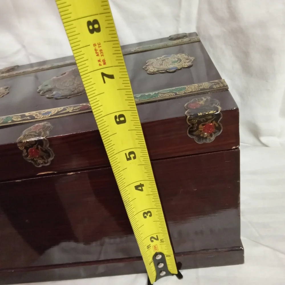 Vintage Asian Style Wooden Jewelry Box with Beveled Mirror